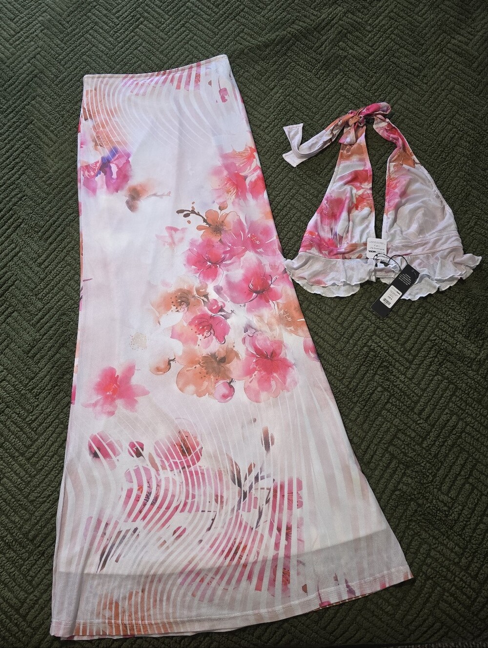 Fashion Nova Kyoto Floral Mesh Maxi Skirt Set - White & Pink Size Small Romantic - Picture 7 of 12